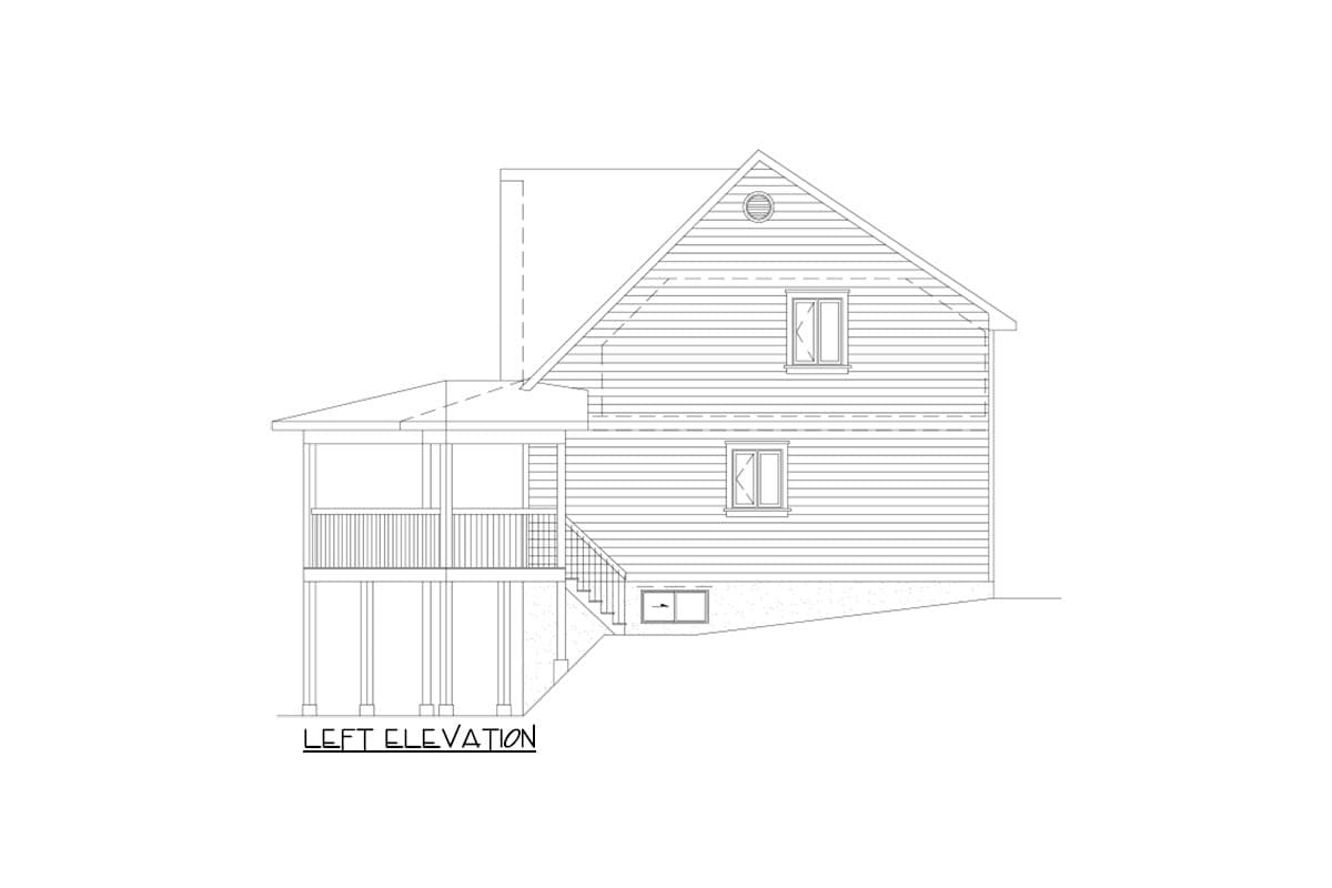 Left elevation drawing of a two-story house with a gable roof, porch, and stairs.