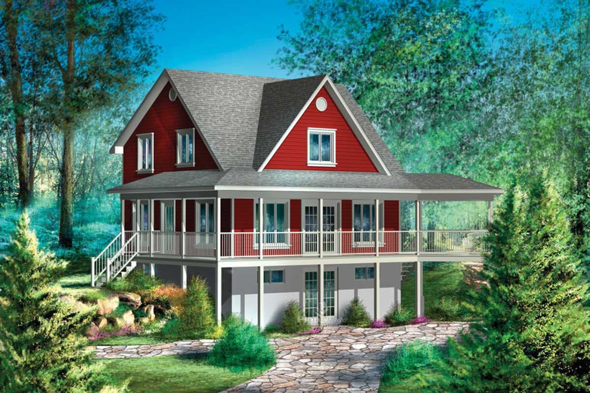 House plan exterior of a two-story red home with a wrap-around porch, gables, and dormers.