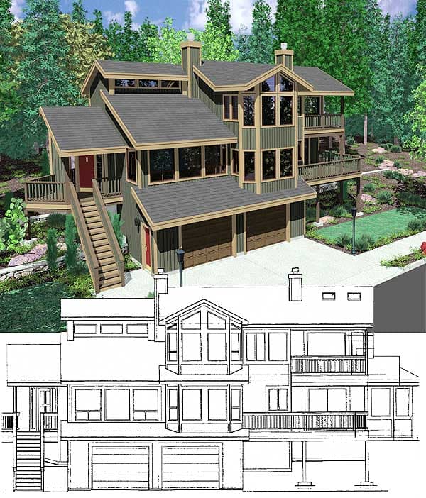 House plan exterior with multiple gables, stacked windows, two balconies, and a three-car garage.
