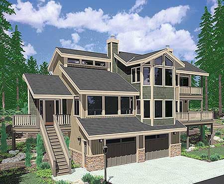 House plan exterior featuring a multi-story design with a prominent gable, a wraparound deck, and a three-car garage.