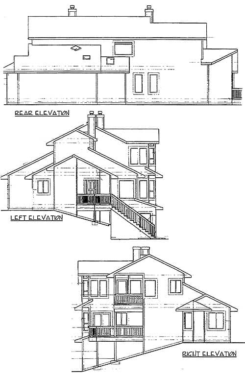 Rear, left, and right elevations of a multi-story house plan featuring multiple gables, dormers, a covered porch, and a prominent staircase.