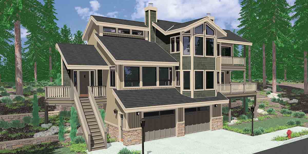 House plan exterior featuring a multi-story design with multiple gables, layered balconies, a prominent chimney, and a three-car garage.