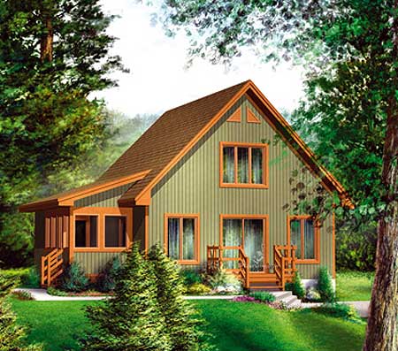 House plan exterior: Two-story modern design with a prominent gable end, side porch, and multiple windows.
