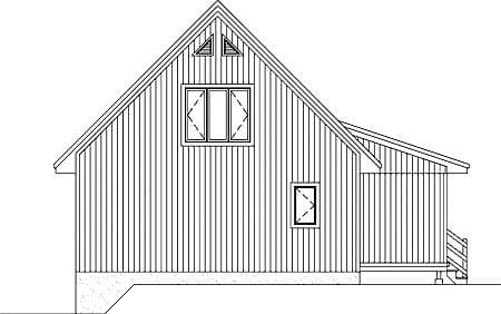 Side elevation house plan featuring vertical siding, a prominent gable, two dormer windows, and a covered porch with stairs.