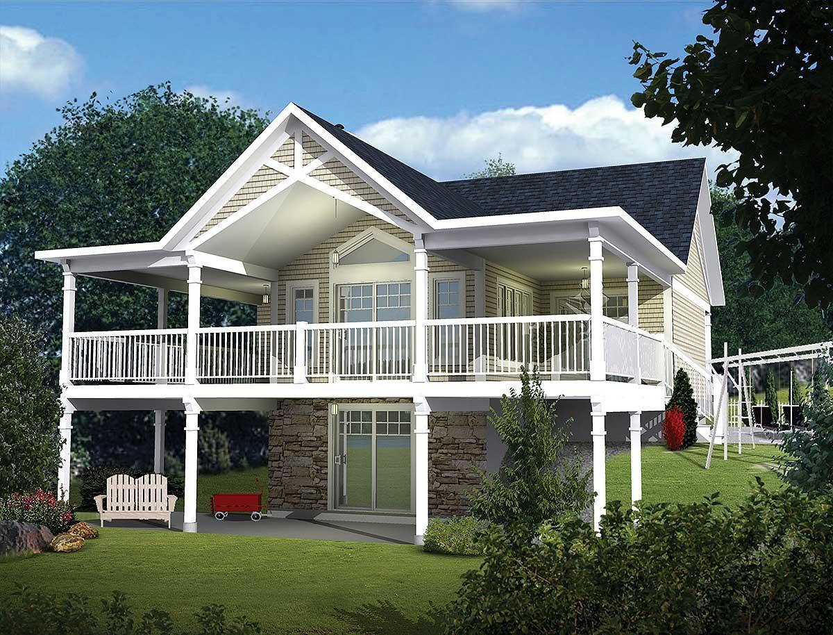 House plan exterior: two-story home with wrap-around porch, stone foundation, and prominent gable.