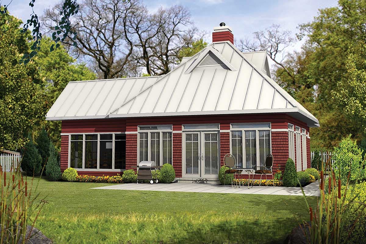 Modern house plan exterior with a standing seam metal roof, gabled dormer, brick and siding facade, and large windows.