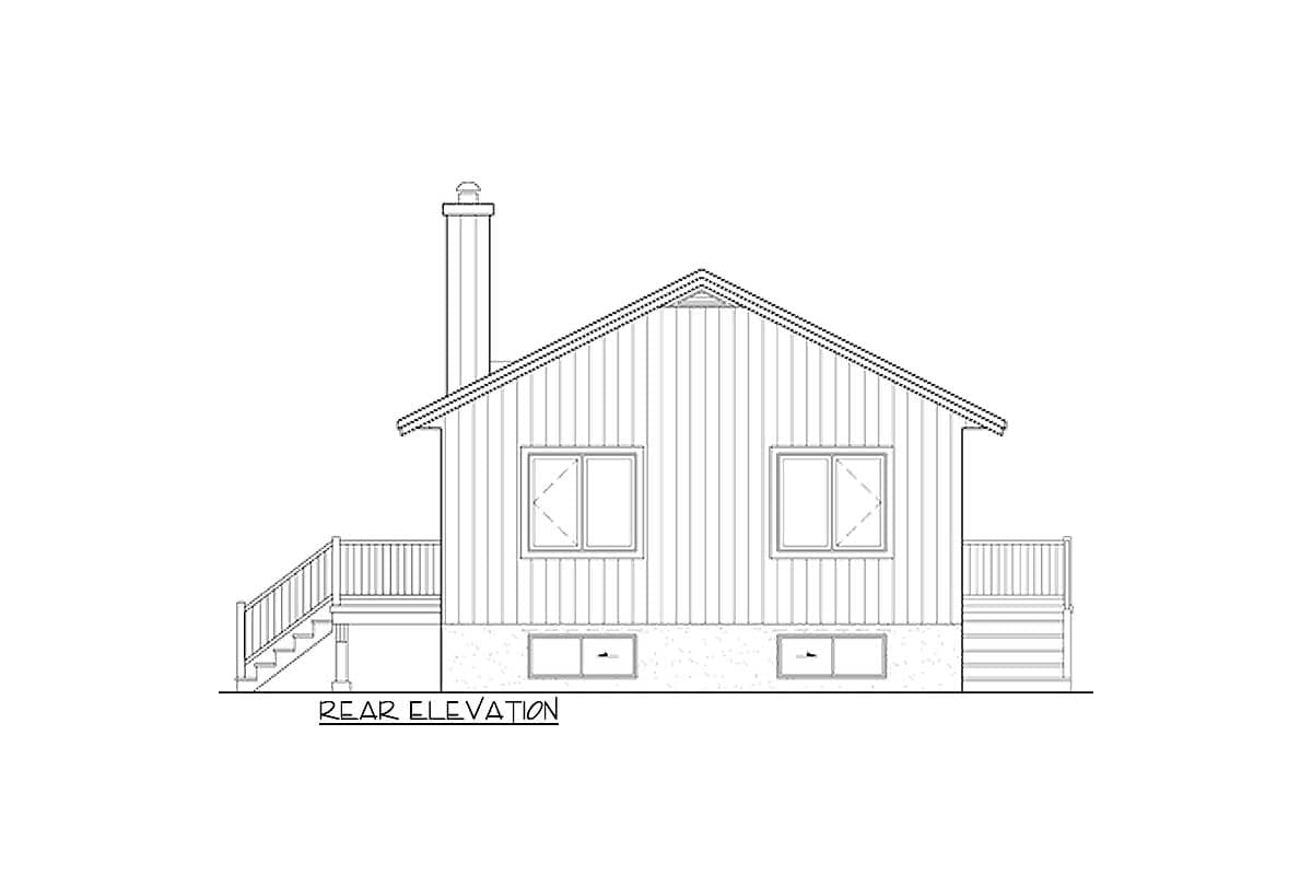 Rear elevation of a house plan showing a gabled roof, two windows, a chimney, and a deck with stairs.