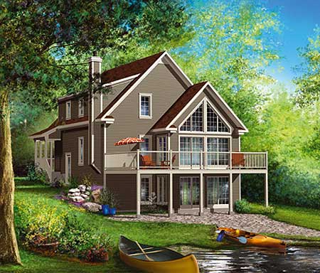 House plan exterior: Two-story home with prominent gable-end windows, deck, and lower-level walkout.