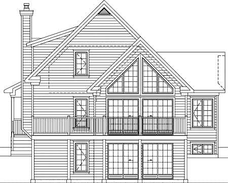 House plan side elevation with a prominent gable, multiple windows, and balconies on two levels.