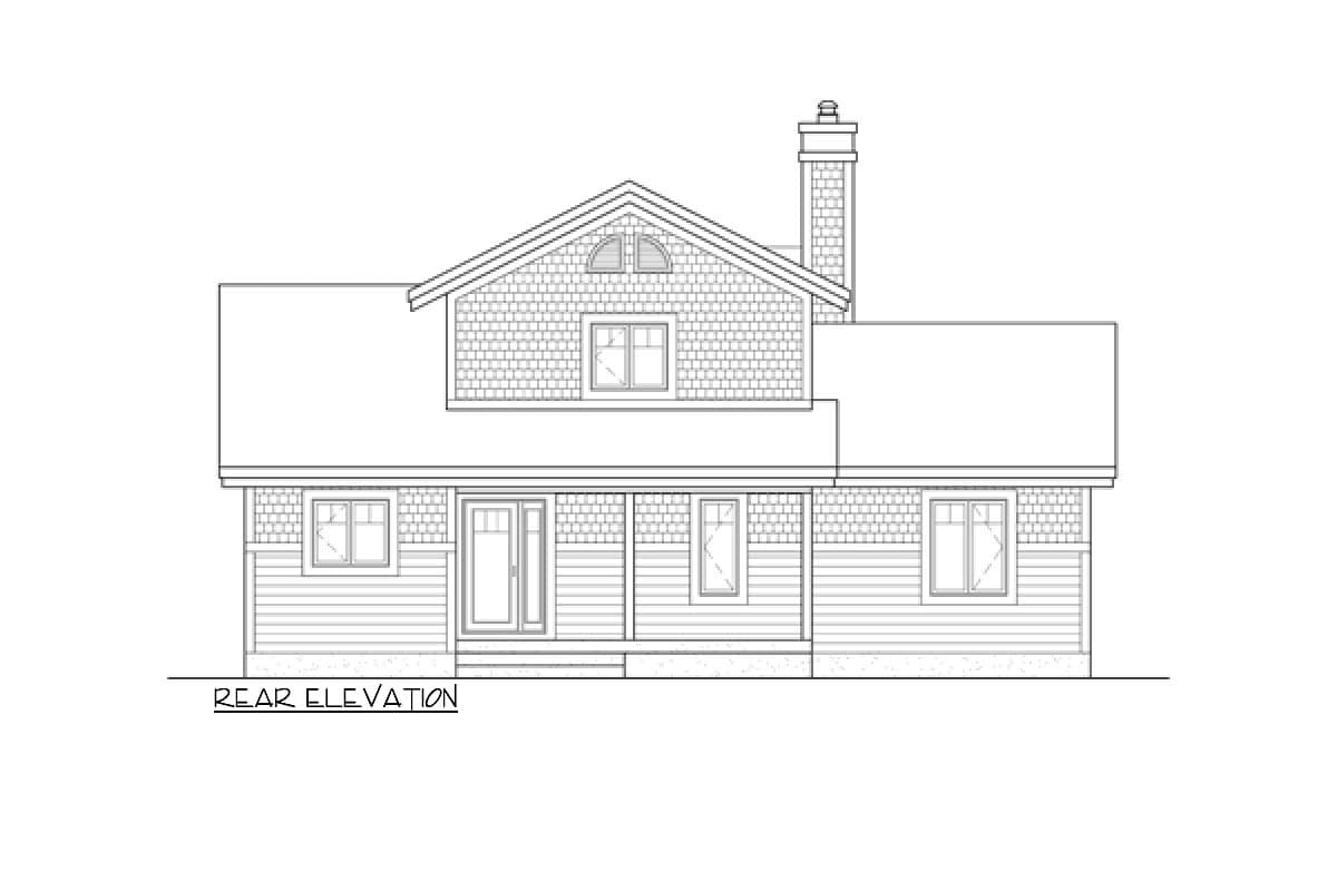 Rear elevation of a house plan with a prominent gable, dormer window, covered porch with double doors, and brick chimney.