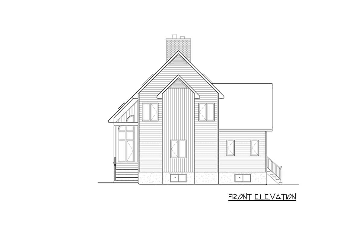 Front elevation drawing of a house plan featuring a prominent gable, pitched roof, and an enclosed sunroom with multiple windows.