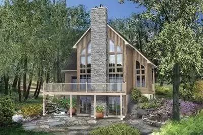 3-Bed Vacation House Plan with 2-Story Windows in Back