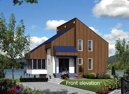 Front elevation of a modern house plan with vertical wood siding, angled rooflines, and a covered entrance.