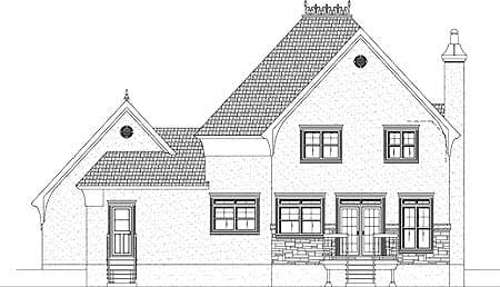 Architectural drawing of a two-story house exterior with multiple gables, stone accents, and a prominent chimney.