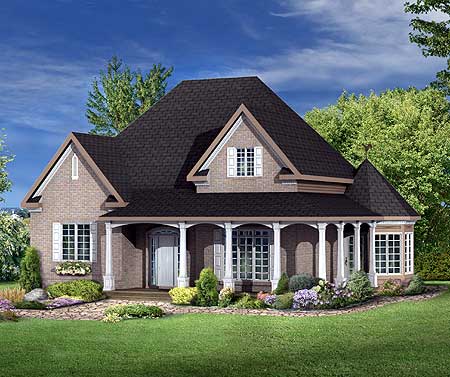 House plan exterior: Two-story home with arched column porch, dormers, and brick facade.