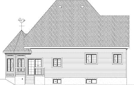House plan elevation drawing of a two-story home exterior with a gambrel roof, dormer, bay window, and door.