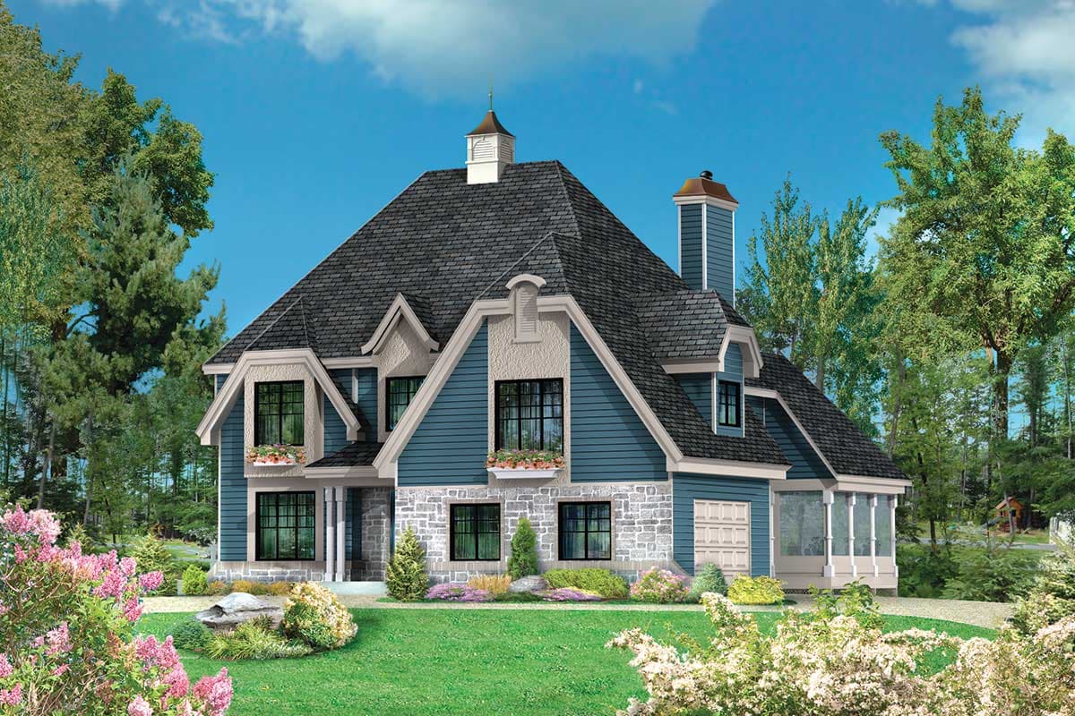 House plan exterior: Blue two-story home with stone accents, dormers, cupola, screened porch, and attached garage.