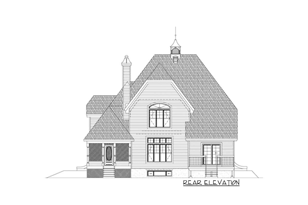 Rear elevation drawing of a house plan with a prominent gable, dormer, chimney, and covered porch.
