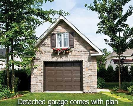 Detached garage plan exterior with stone facade, gable roof, and a single garage door.