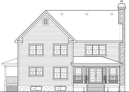 House plan exterior drawing of a two-story home with gables, dormers, a stone chimney, and a covered front porch.