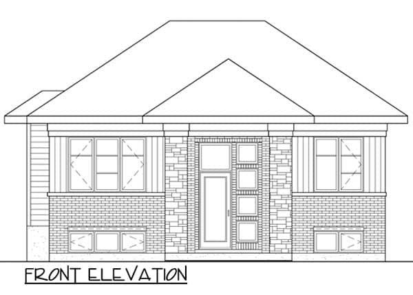Front elevation drawing of a single-story house plan with a hip roof, brick and siding exterior, and multiple windows.