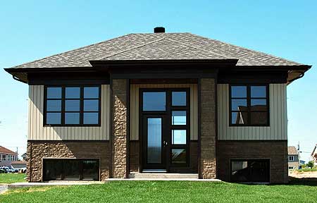 House plan exterior: Two-story modern design with stone and vertical siding, dark-framed windows, and a prominent glass-paneled front door.