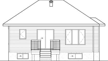 House plan rear elevation drawing of a one-story home with sliding doors, a deck with stairs, and multiple windows.