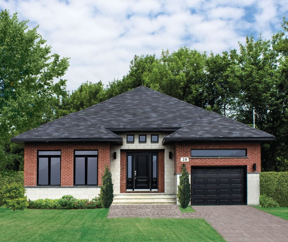 House plan exterior: Ranch style, single story, brick and stone facade, hipped roof, two-car garage, prominent front entrance.
