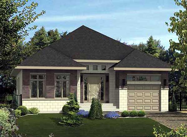 House plan exterior: single-story contemporary home with brick facade, large multi-pane windows, and attached garage.
