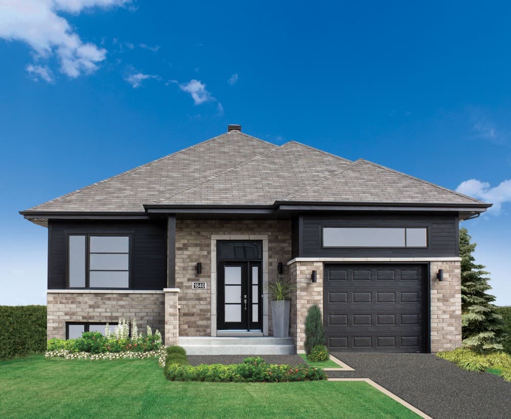 House plan exterior with brick and dark siding, gabled roof, prominent entry, and attached garage.