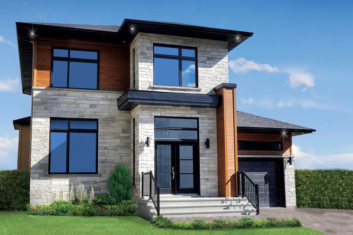 Modern two-story house plan exterior with stone and wood siding, large dark-framed windows, and a two-car garage.