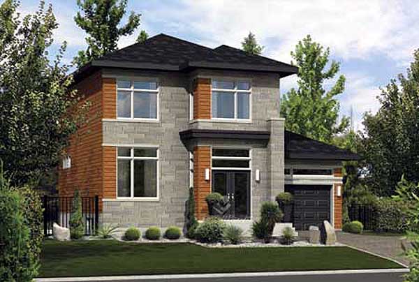 Two-story modern house plan with stone and wood siding, dark roof, and attached garage.