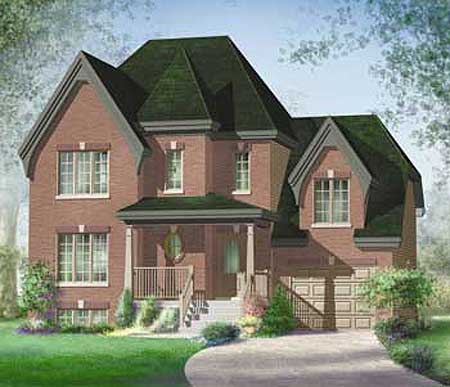 House plan exterior: Two-story brick home with steeply pitched roof, prominent gables, covered porch, and attached two-car garage.