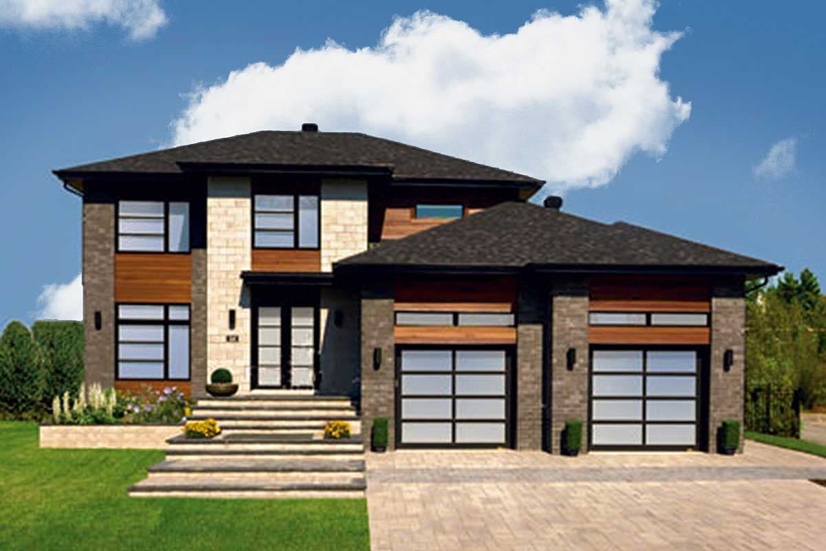Two-story modern house plan exterior with stone, wood siding, large windows, and two-car garage.