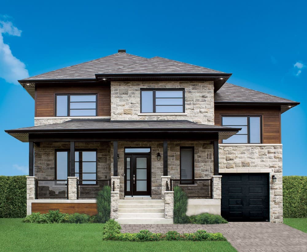 Two-story house plan exterior with stone and wood siding, covered porch, and attached garage.