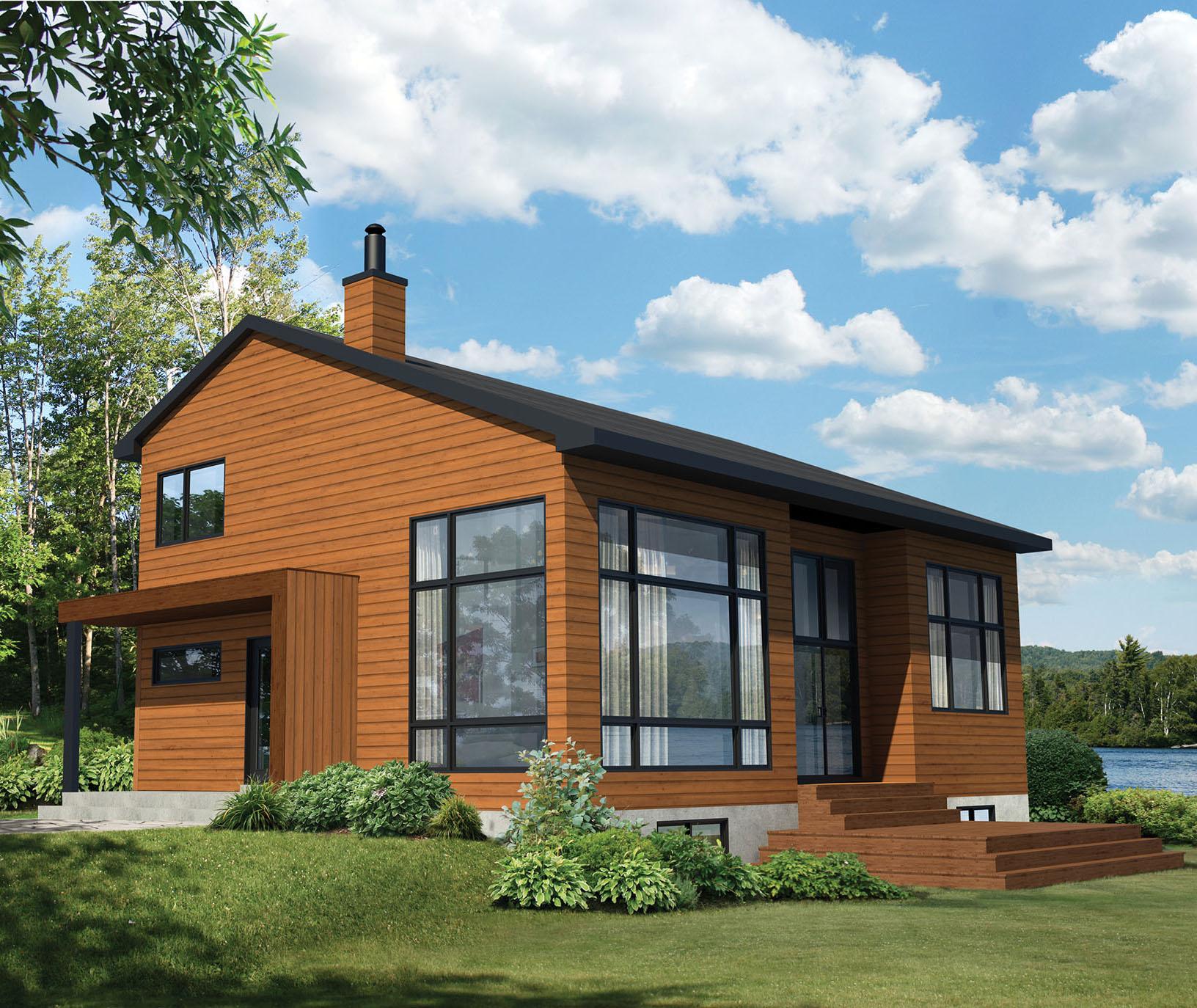 Modern house plan exterior with wood siding, large windows, a gabled roof, chimney, and covered entryway.