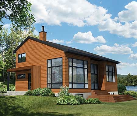 House plan exterior: Two-story modern home with horizontal siding, large windows, a gabled roof, and a wood deck.