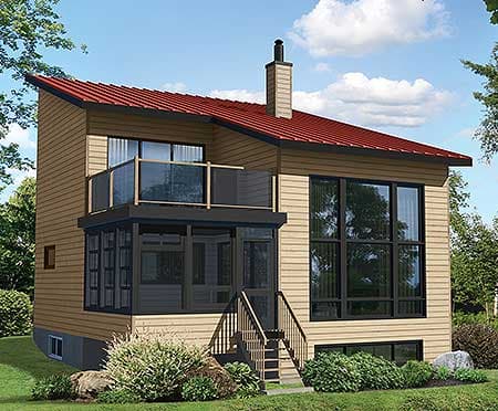 Modern house plan exterior with asymmetrical roof, second-story balcony, screened porch, and large vertical windows.