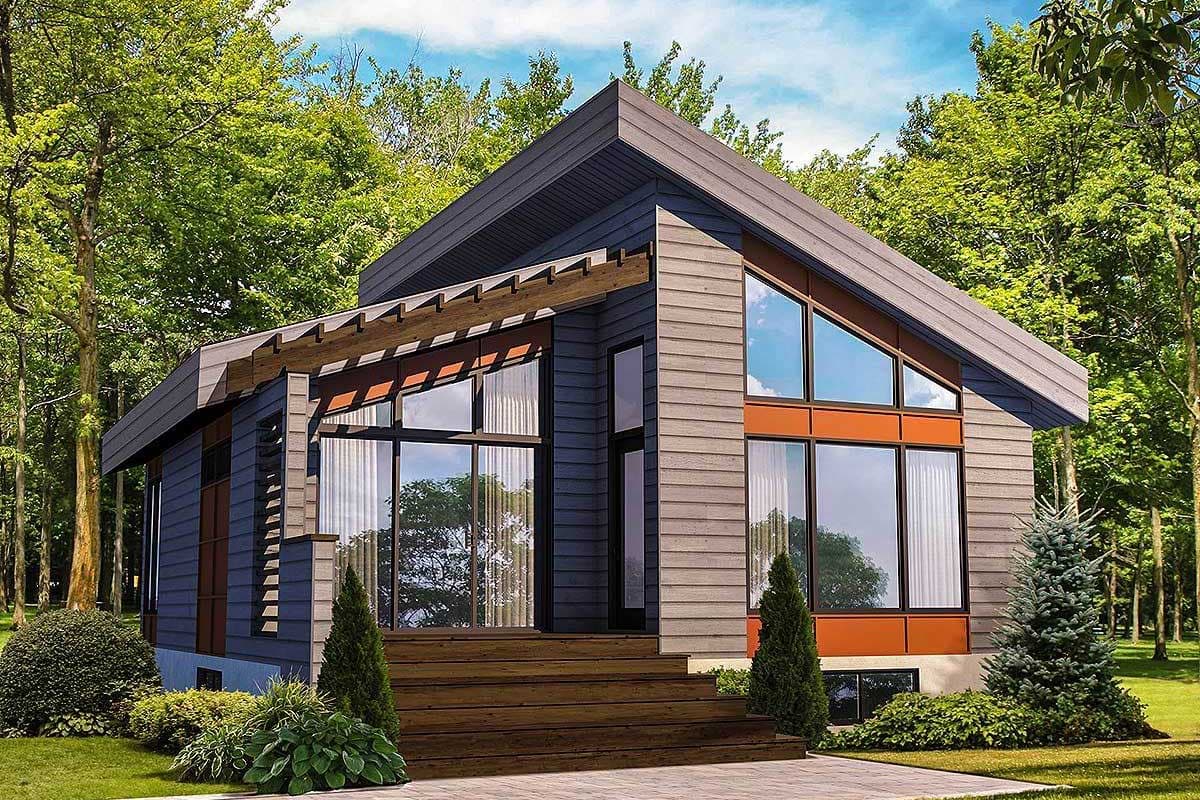 Modern house plan exterior with a steep gable roof, wood siding, and large A-frame windows.