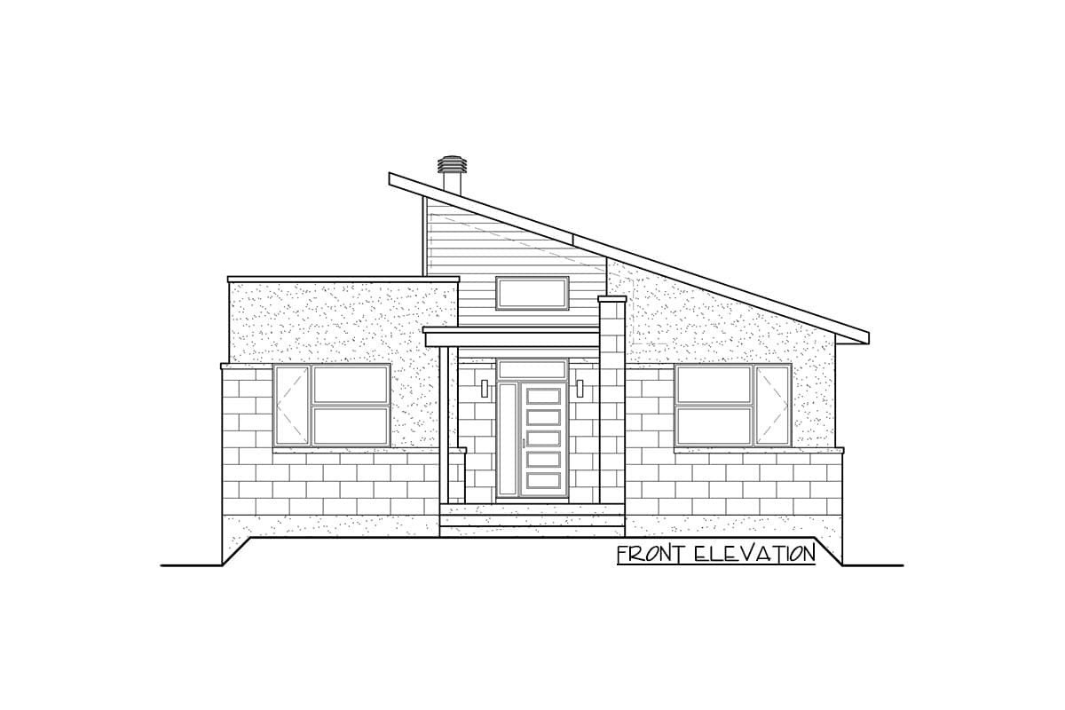 Front elevation drawing of a modern house plan featuring a multi-level roof, stone and wood siding, and large windows.