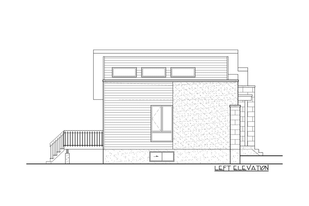 Left elevation drawing of a house plan showing horizontal siding, stone veneer, multiple windows, and a deck with railing.