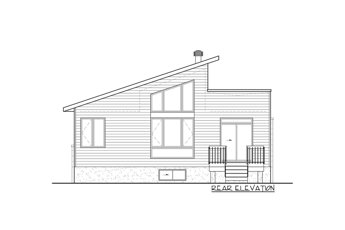 Rear elevation of a house plan featuring a sloped roofline, stacked windows, and a central door with a small porch and steps.