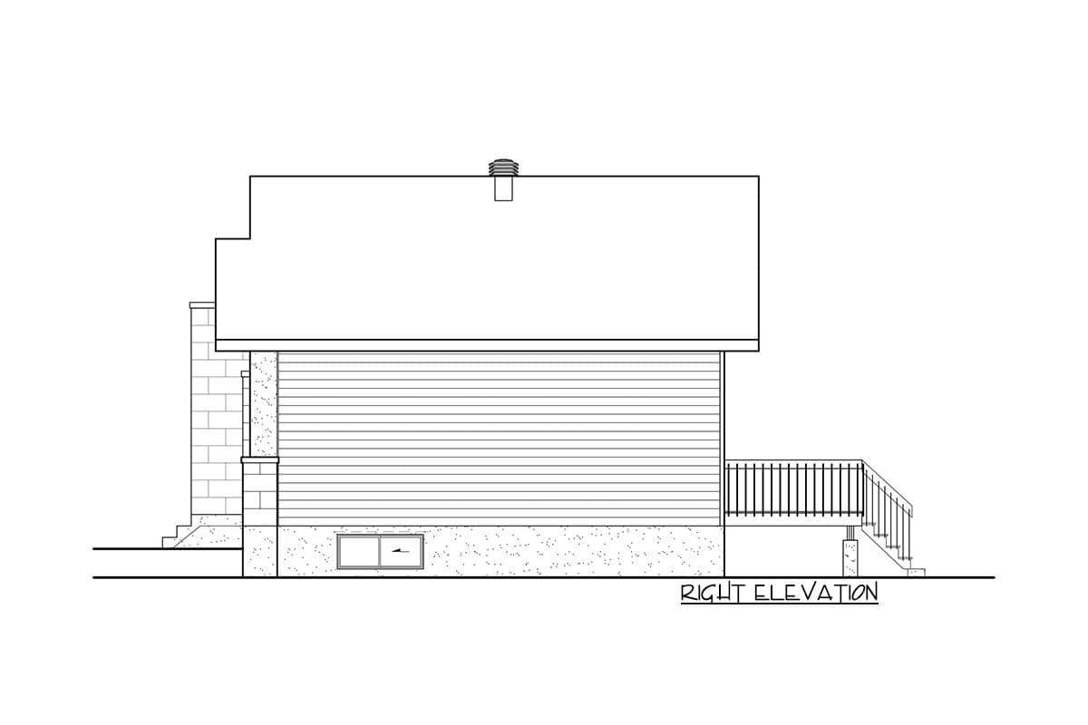 Right elevation house plan showing siding, deck with railing, and foundation with small window.