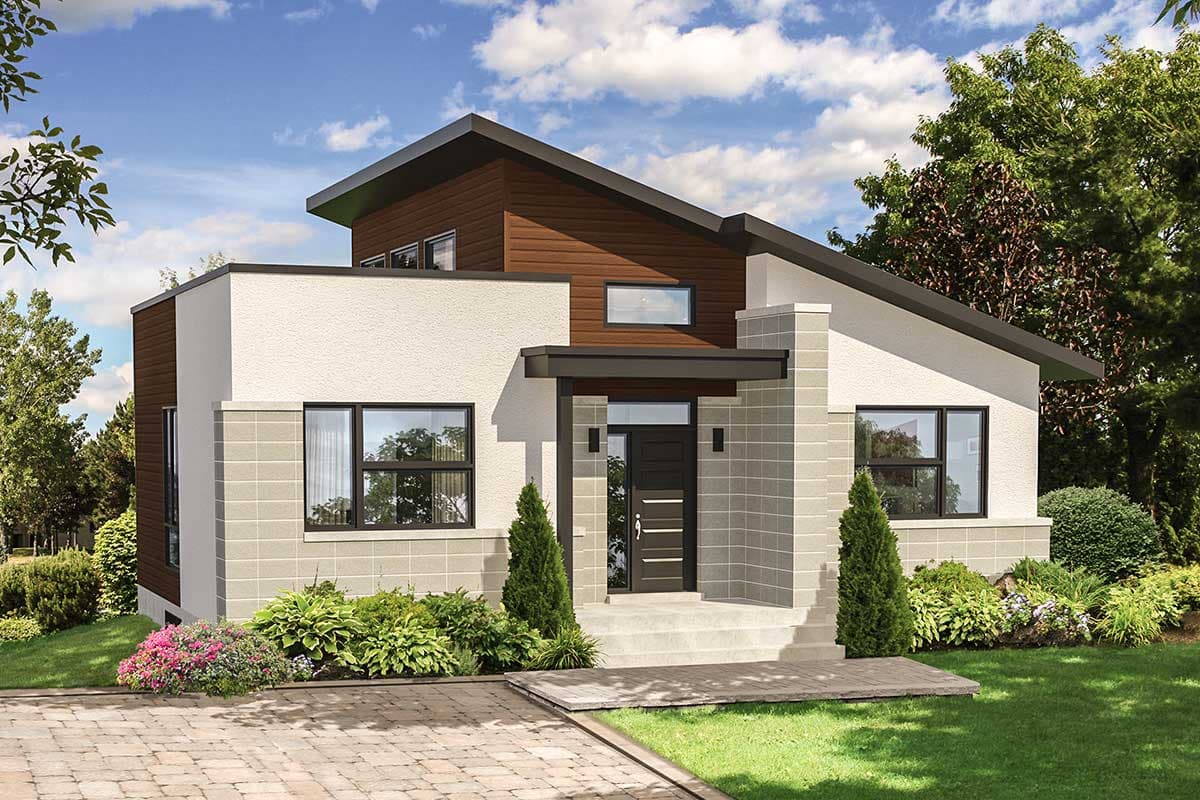 House plan exterior of a two-story modern home with stucco and wood siding, angled rooflines, and a covered entryway.