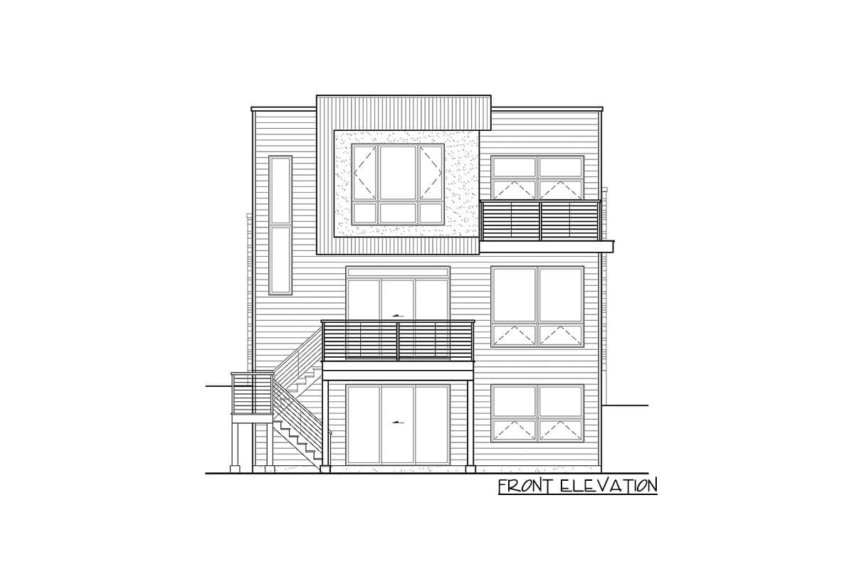 Front elevation drawing of a multi-story house plan with horizontal siding, multiple windows, and balconies.