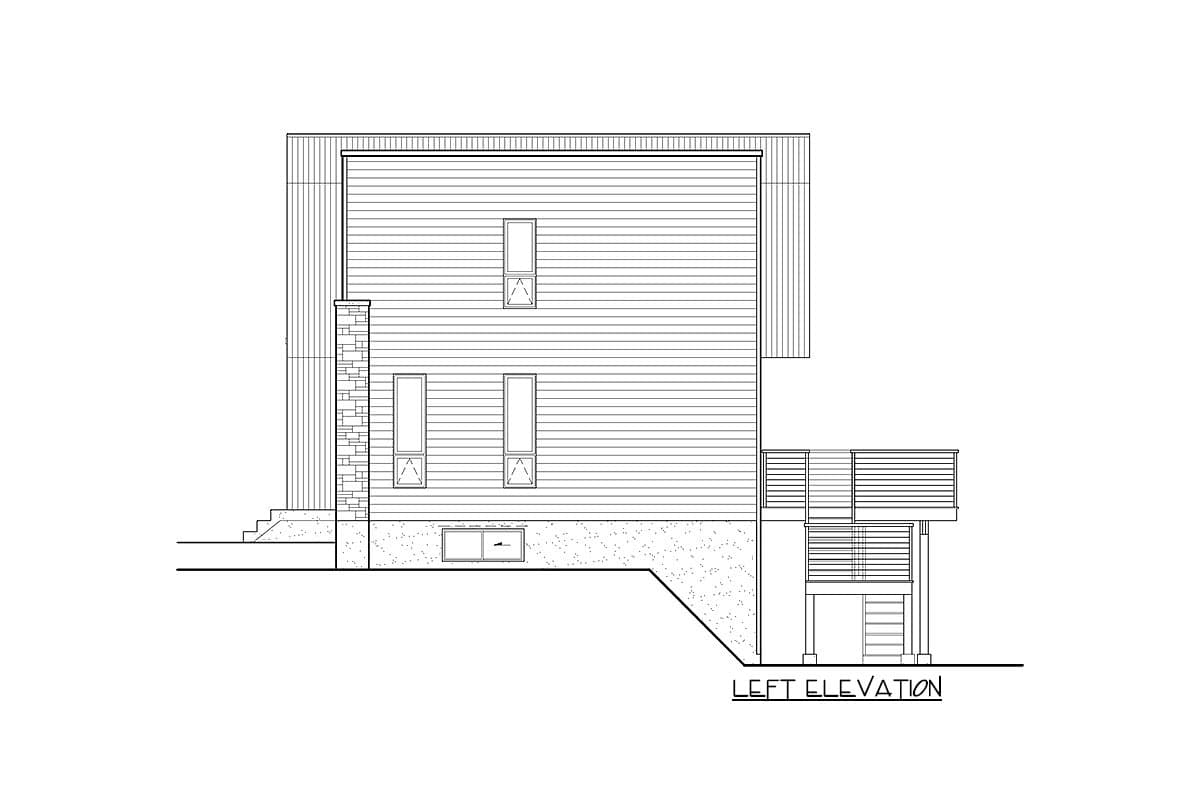 Left elevation drawing of a two-story house plan showing siding, stacked stone chimney, and a deck with stairs.