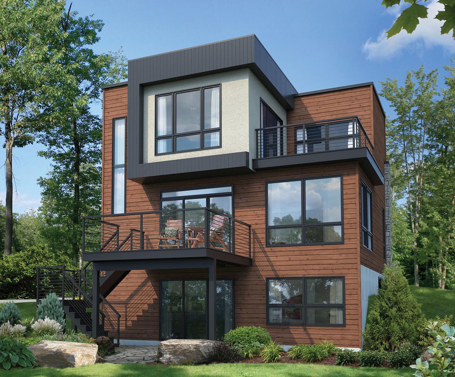 Modern house plan exterior, three stories, wood siding, balconies, and large windows.