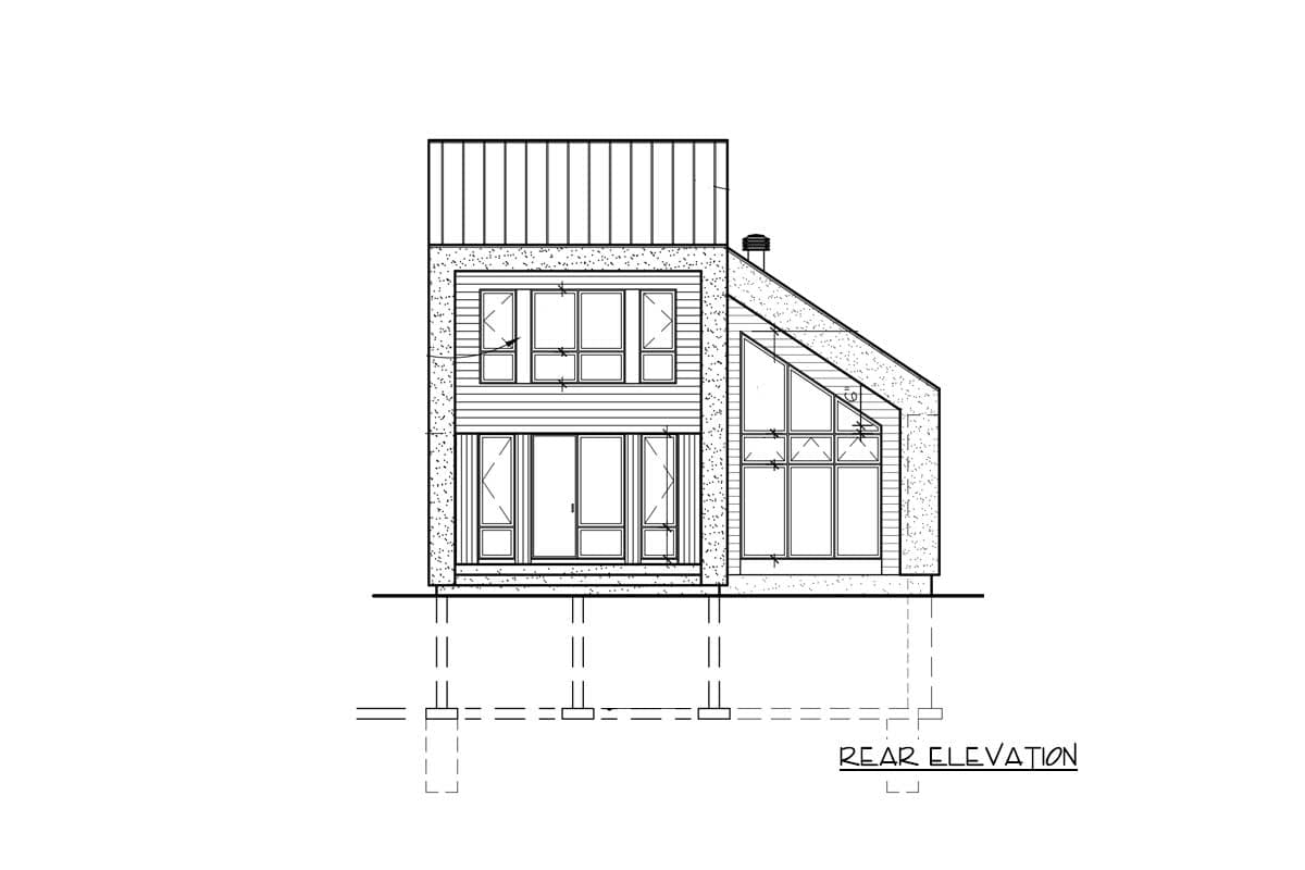 Rear elevation drawing of a two-story house plan with a pitched roof, large windows, and horizontal siding.