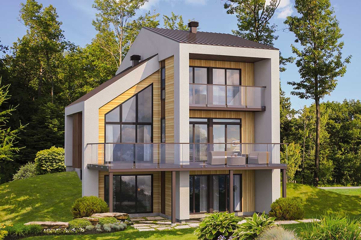Modern two-story house plan exterior with angled rooflines, large windows, and multiple balconies.