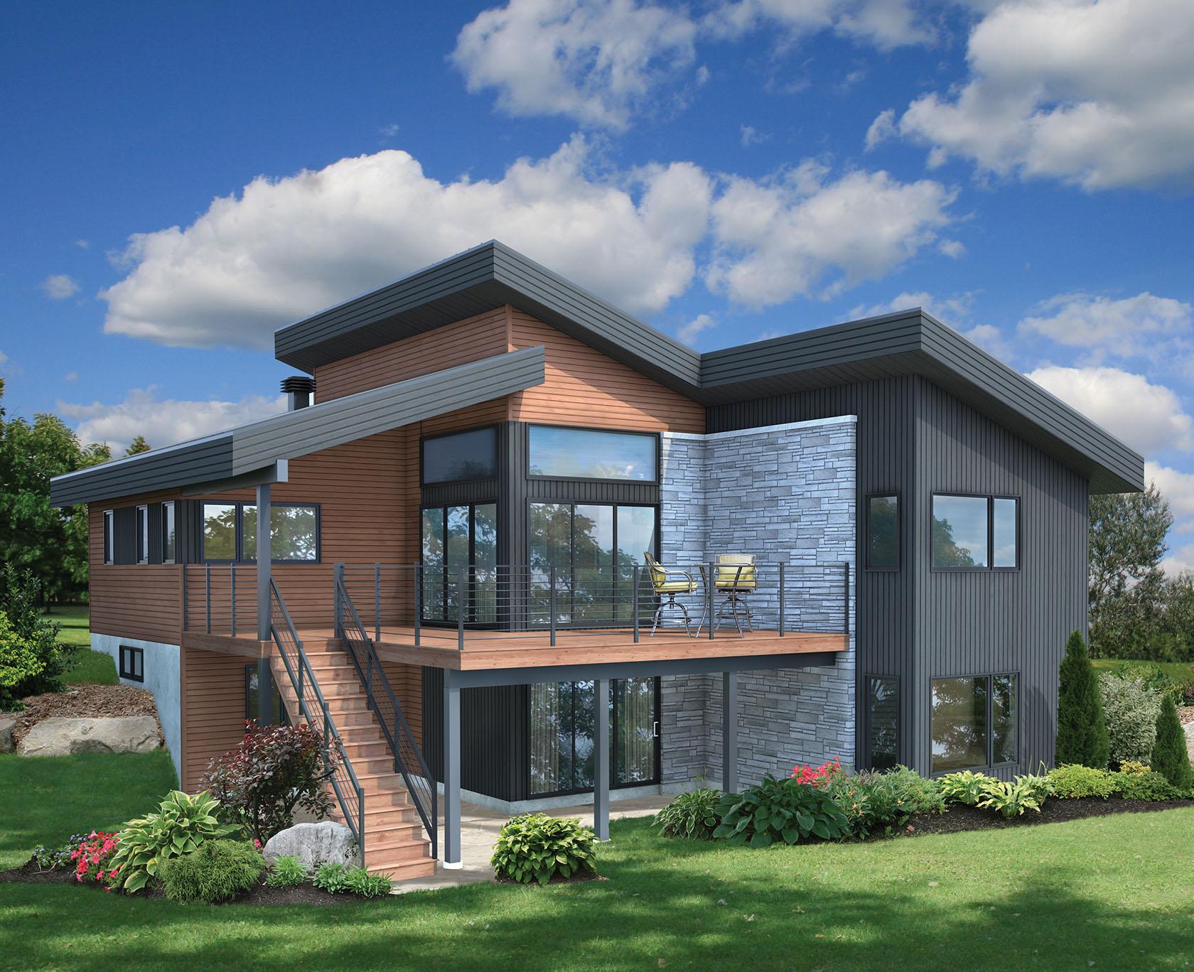 Modern house plan exterior with multiple gables, wood siding, stone accents, and a large deck with stairs.